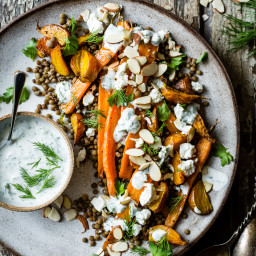 Roasted Beet and Carrot Lentil Salad with Feta, Yogurt and Dill