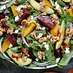Roasted Beet Salad with Avocado, Goat Cheese and Candied Walnuts with Honey