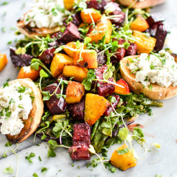 Roasted Beets and Beet Greens with Goat Cheese Crostini