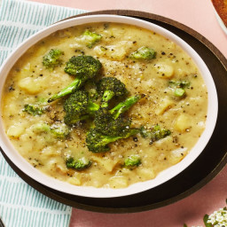 Roasted Broccoli and Potato Chowder with Pepper Jack Cheese and Garlic Toas