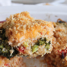 Roasted Broccoli, Chicken and Cheddar Quinoa Bake