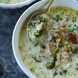 Roasted Broccoli Gruyere Cheese Soup with Brown Butter Croutons.