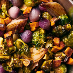 Roasted Brussels Sprouts and Onions with Mushroom Lardons Recipe