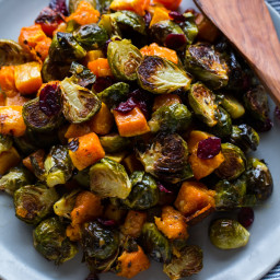Roasted Brussels Sprouts and Squash with Dried Cranberries and Dijon Vinaig