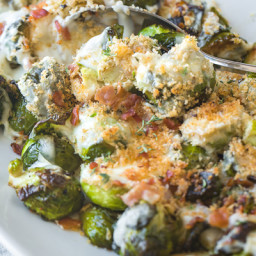 Roasted Brussels Sprouts with Creamy Parmesan Sauce and Bacon