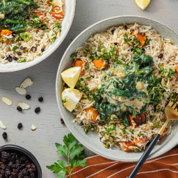 Roasted Butternut Pilaf with Creamed Spinach & Almond Gremolata