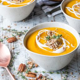 Roasted Butternut Squash and Apple Soup with Thyme, Pecans, and Creme Fraic
