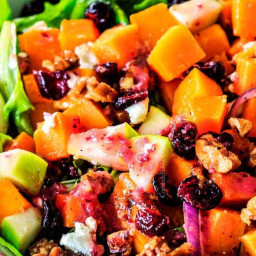Roasted Butternut Squash Salad with Cranberries, Caramelized Pecans and Goa