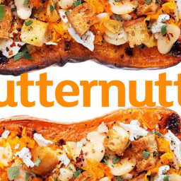 Roasted butternut squash with butterbean and goat's cheese mash
