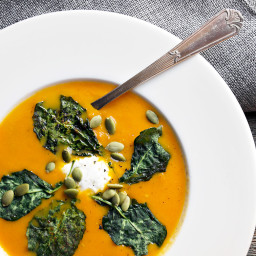 Roasted Carrot and Ginger Soup with Kale Chips and Goat Cheese