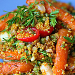 Roasted carrot, mung bean, tomato and quinoa salad 