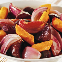 Roasted Carrots, Beets, and Red Onion Wedges