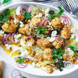Roasted cauliflower salad with poblano chillies and chickpeas recipe