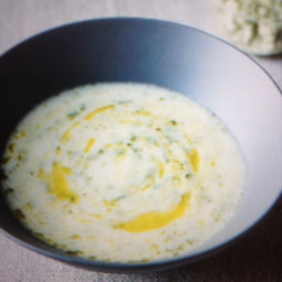 Roasted Cauliflower Soup with Chimichurri and Poblano Creme Fraiche