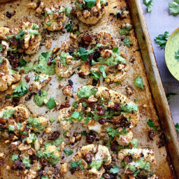 Roasted Cauliflower with Green Tahini Sauce and Caramelized Dates
