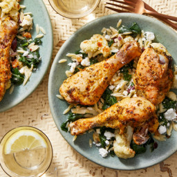 Roasted Chicken Drumsticks & Cauliflower with Orzo, Feta Cheese, & 