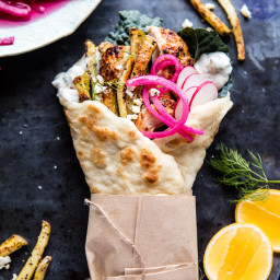 Roasted Chicken Gyros with Tzatziki and Feta Fries