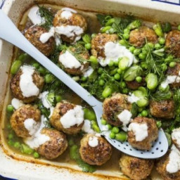 Roasted chicken polpette with peas, yoghurt and dill
