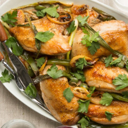 Roasted Chicken with Lemon, Ramps, and Green Olives recipe | Epicurious.com