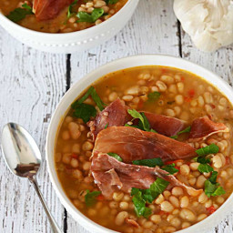 Roasted Garlic and White Bean Soup with Crispy Prosciutto