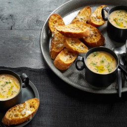 Roasted Garlic Soup with Asiago Crostini