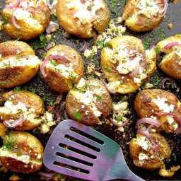 Roasted Greek Potatoes Recipe With Feta Cheese, Oregano And Onion