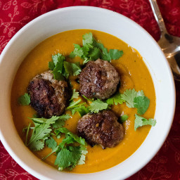 Roasted Kabocha Squash, Carrot & Ginger Soup With Lamb Meatballs