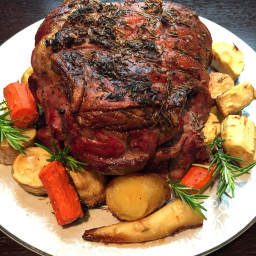 Roasted Leg of Lamb with Fingerling Potatoes, Carrots, and Parsnips and a M
