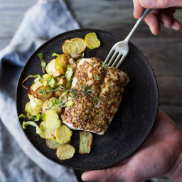 Roasted Mustard Seed White Fish with Potato-Brussel Sprout Hash