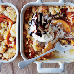 Roasted Peach Cobbler with Vanilla Ice Cream and Balsamic Syrup