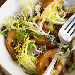 Roasted Pear Salad With Endive, Pomegranate, Blue Cheese, and Hazelnut Vina