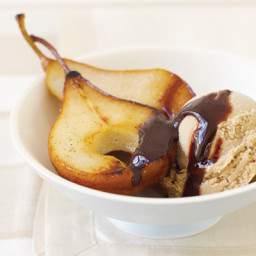 Roasted Pears With Chocolate Sauce and Coffee Ice Cream