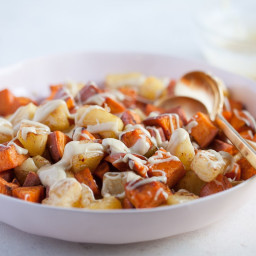 Roasted Pineapple and Sweet Potatoes with Cinnamon Cashew Drizzle