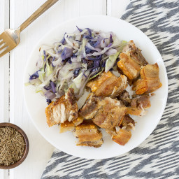 Roasted Pork Belly Bites with Braised Cabbage