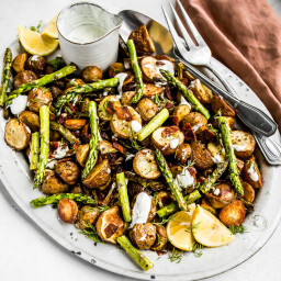 Roasted Potatoes and Asparagus with Greek Dill Yogurt