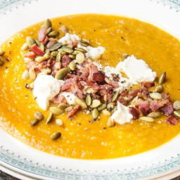 Roasted pumpkin and apple soup with goat's cheese and bacon
