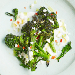 Roasted purple sprouting broccoli with feta and preserved lemon