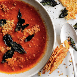 Roasted Quinoa and Tomato Soup With Parmesan Wafers and Crispy Basil