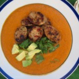 Roasted Red Pepper and Avocado Soup with Sausages