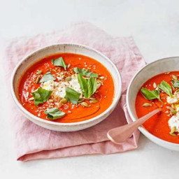 Roasted red pepper and tomato soup with ricotta