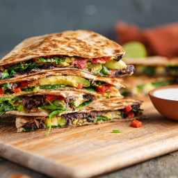 Roasted Red Pepper & Avocado Quesadillas with Refried Beans & Lime Crema