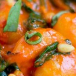 Roasted Red Pepper Gnocchi with Spinach and Pine Nuts