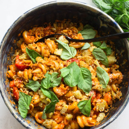 Roasted Red Pepper Pasta Salad with Tomatoes, Basil and Walnuts