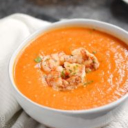 Roasted Red Pepper Soup with Grilled Shrimp