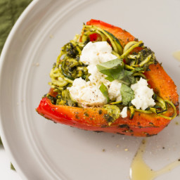 Roasted Red Peppers Stuffed with Goat Cheese, Pesto and Zucchini Noodles