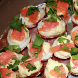 Roasted Red Potato Halves Topped with Allioli and Smoked Salmon