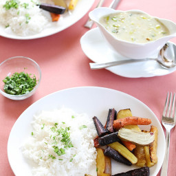 Roasted Root Vegetables with Leek Sauce and Rice