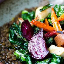 Roasted Root Veggies & Greens over Spiced Lentils