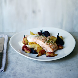 Roasted Salmon, Beets, and Potatoes with Horseradish Cream