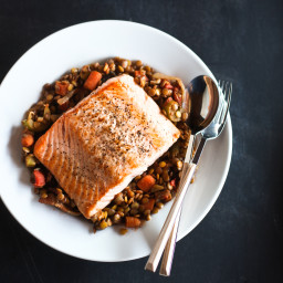 Roasted Salmon with Lentils and Bacon